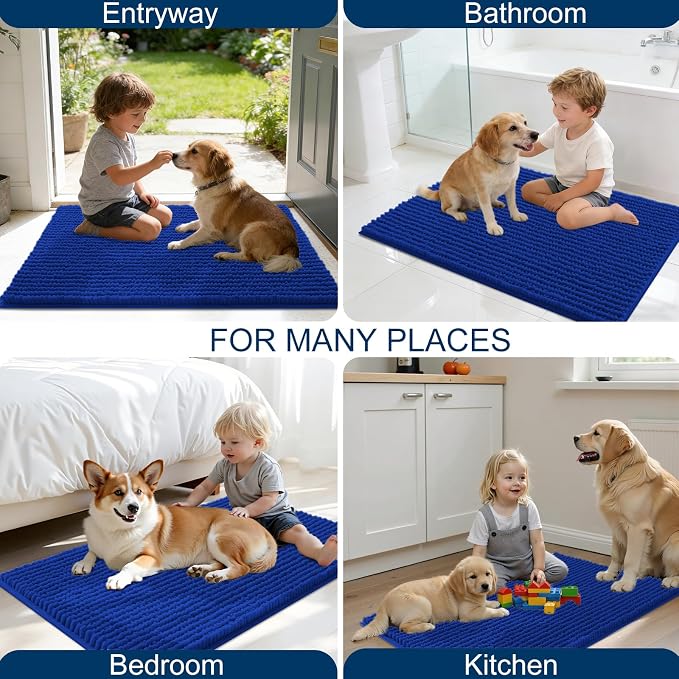 OLANLY Dog Door Mat for Muddy Paws 24x16, Extra Absorbent Chenille Mud Mat | Royal Blue, Absorbs Moisture and Dirt, Non-Slip Machine Washable Doormat, Quick-Drying Indoor Entryway Floor Mat for Dogs