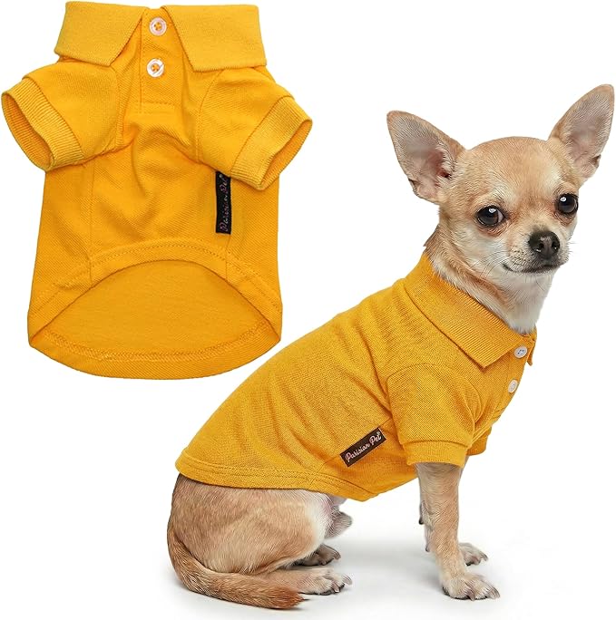 Parisian Pet Dog Polo Shirt – Classic Yellow Cotton Pet Apparel with Collar & Buttons, Soft Breathable Puppy T-Shirt - Cute Dog Clothes - Ideal Summer Clothes for Small Dogs - Shirts for Dogs Boy Girl