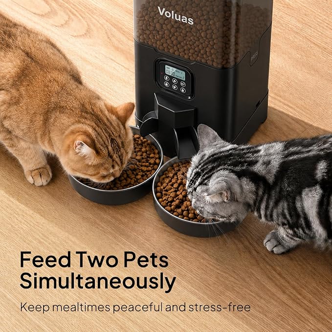 VOLUAS Automatic Cat Feeder for Two Cats with Dual Stainless Bowls, 6L | Programmable Portion Control, Timed Feeding, Memory Function, Dual Stainless Steel Bowls, 10-Second Voice Recorder