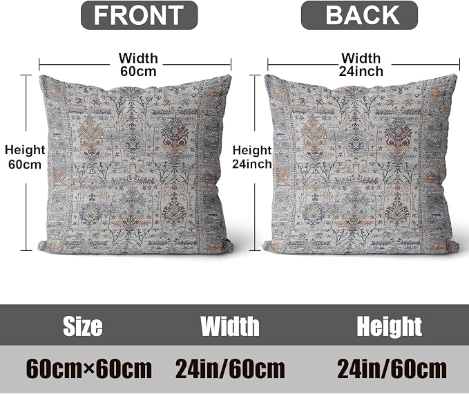 Boho Throw Pillow Covers 24x24 inch Set of 2,Soft Pillowcases Bohemia Carpet Printing Pattern Decorative Sofa Living Room Bed Square Pillow Case Cushion Cover-Gray Flower