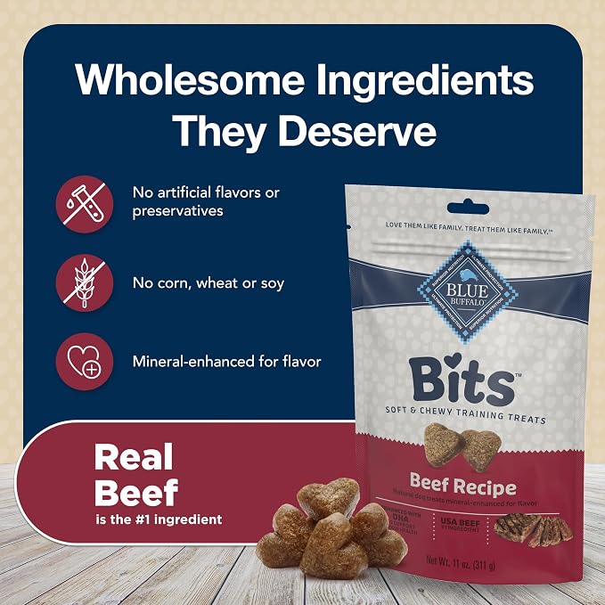 Blue Buffalo Bits Beef Training Treats, 4 oz | Real Beef First, DHA for Cognitive Development, No Chicken By-Product Meals, Free from Red Dye 40