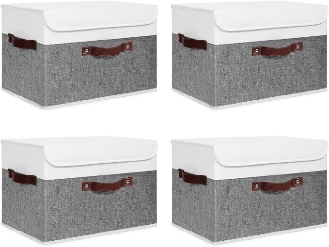 ANMINY Fabric Storage Box Bins with Lids, Gray White, 15"x10"x10", 4 Pack | Keepsake Memory Storage, Cotton Linen, PP Board Reinforced, Washable, PU Handles, Foldable & Stackable, Decorative, Large