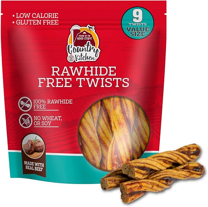 Country Kitchen Rawhide Free, Beef Twists Dog Chews, 9 Count | Made with Real Beef, Highly Digestible, Gluten Free