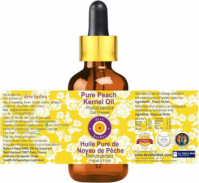dève herbes Pure Peach Kernel Oil (Prunus persica) with Glass Dropper Cold Pressed (Pack of Two) 100ml X 2 (6.76 oz)