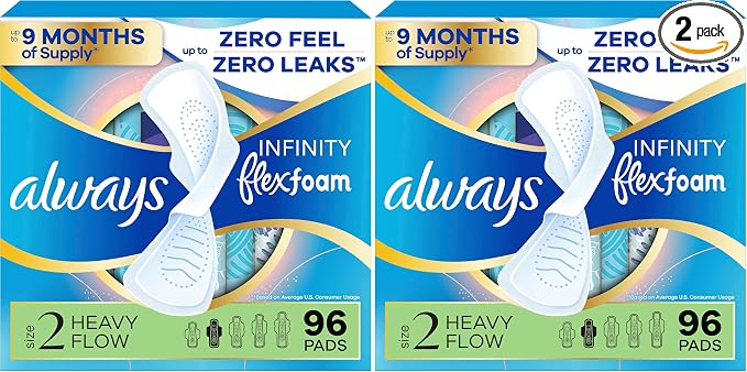 Always Infinity Feminine Pads for Women, Flexfoam Pads with Wings, Size 2, Heavy Absorbency, Unscented, 96 Count (Pack of 2)