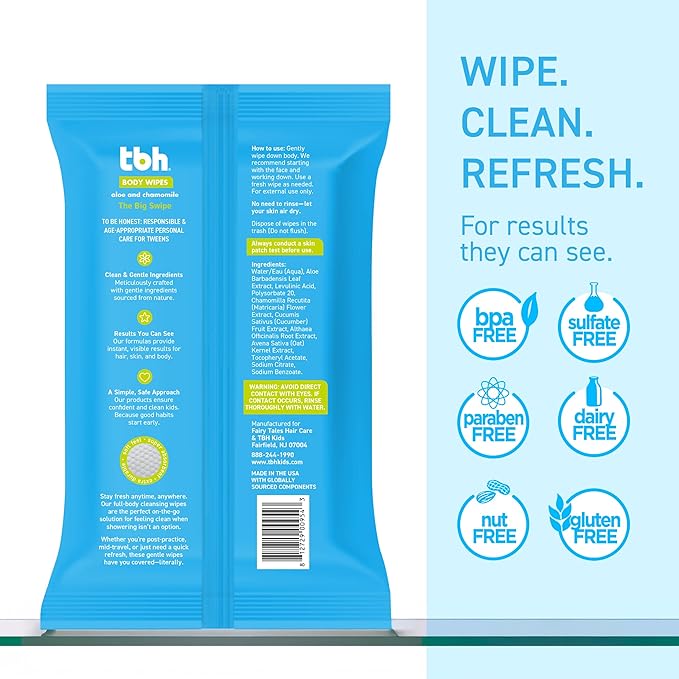 TBH Kids XL Wipes for Kids and Teens –Extra Large Wipes, Alcohol Free Disposable Washcloths, Unscented Cleansing Cloths for Teen Girls & Boys – 5 pk (100ct total)