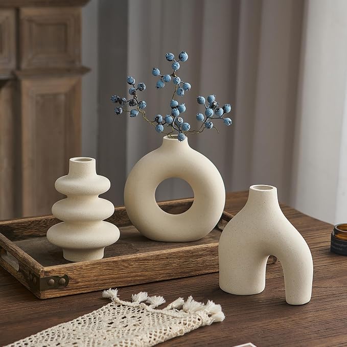 White Ceramic Vase Set of 3, Small Flower Vases for Pampas Grass | Modern Boho Vase for Decor, Round White Vases Centerpieces for Wedding Living Room Bedroom Coffee Table Dinner Table