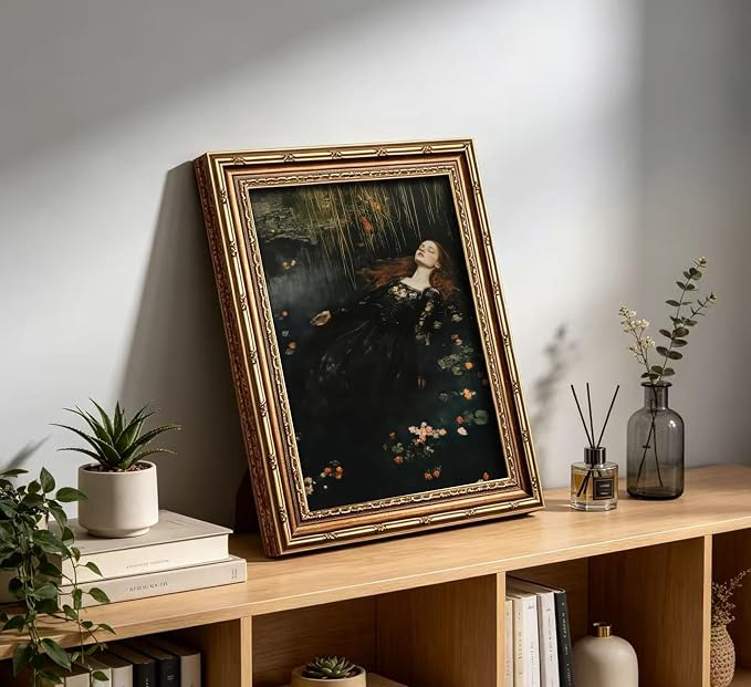 Vintage Gold Framed Ophelia Wall Art,Victorian Gothic Oil Painting Canvas Print,Classic Dark Academia Aesthetic Wall Decor,Antique Woman Portrait Picture,Moody Floral Poster Artwork,for Living Bedroom