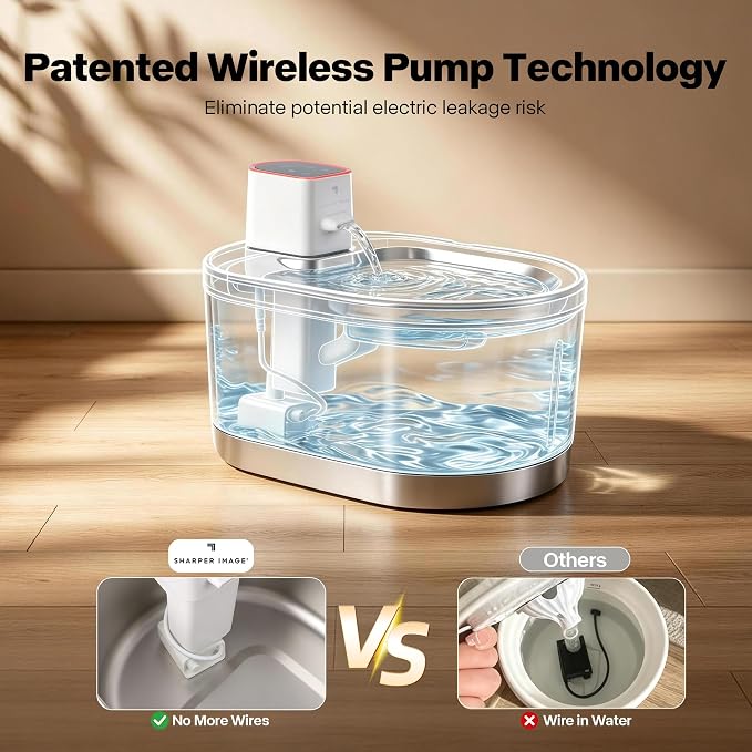 Sharper Image Stainless Steel Cat Water Fountain, Cordless 4L Rechargeable | 2 flow modes, LED alerts, Type-C battery, 10.4x7.8x4.8in, for cats dogs