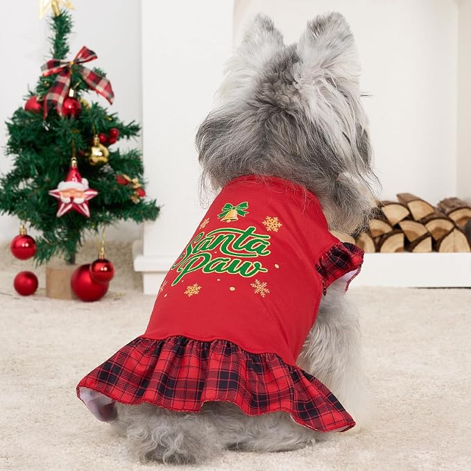 XPUDAC 4 Pack Christmas Dog Dress Plaid Puppy Clothes for Small Dogs Girl Cute Pet Outfit Doggy Apparel Cat Holiday Party Costume, Red, Green, S