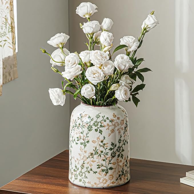 Ceramic Flower Vase for Home Decor, Vintage Green Farmhouse Vase 8 Inch | Rustic Farmhouse Floral Vase for Entryway, Mantel, Coffee Table, Living Room, Kitchen, Bookshelf, Wedding Centerpiece