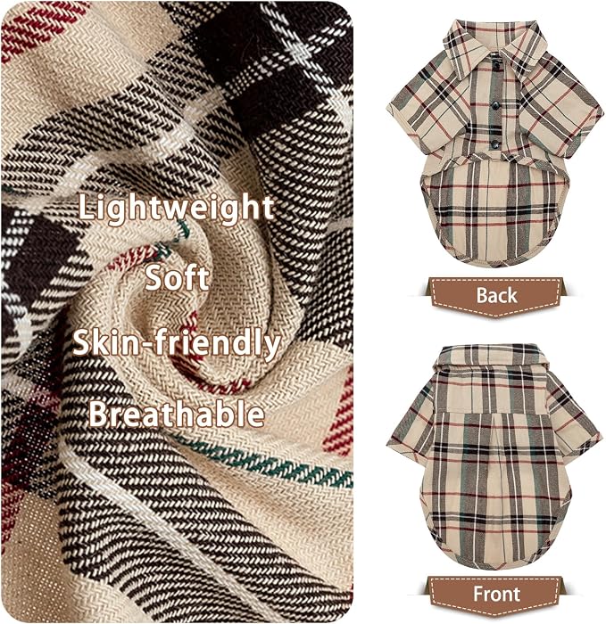 PUPTECK Classic Plaid Dog Shirt, Puppy Polo T-Shirt Clothes, Beige M | Soft Cotton Button Up Dog Clothes for Small Medium Dogs Boy Girl, Fashion Pet Tee, Chic Casual Pet Outfit Apparel