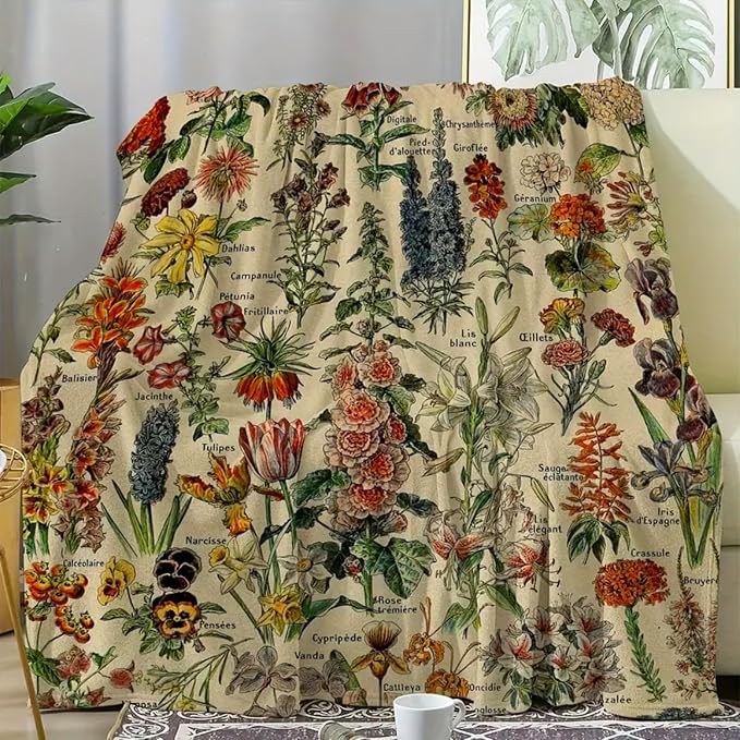 Vintage Flowers Throw Blanket 59”x51” Long Vertical Reference Illustrative Botanical Throws for Bedroom Aesthetic Floral Blankets Botanical Plants Throw Blanket Cute Bedroom Decor