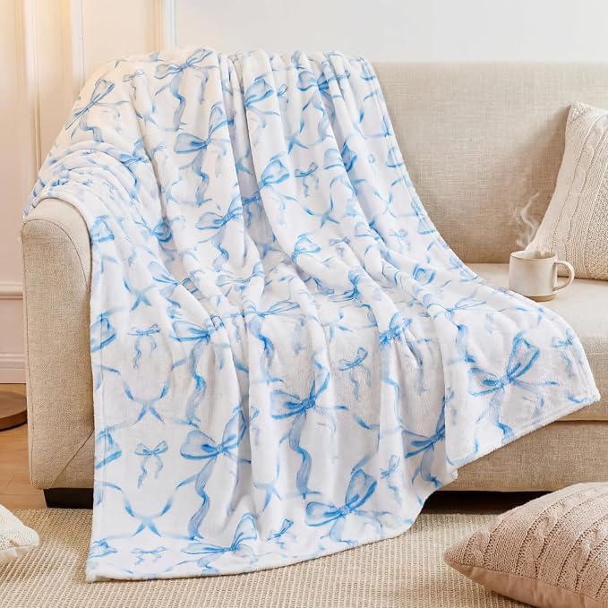 Blue Bow Throw Blanket 50"x60" Soft Flannel for Girls Women | Coquette Aesthetic Decor with Ruffled Edges, Ultra Plush Bed Sofa Blanket, Preppy Gift for Teens, Back to School Dorm Room