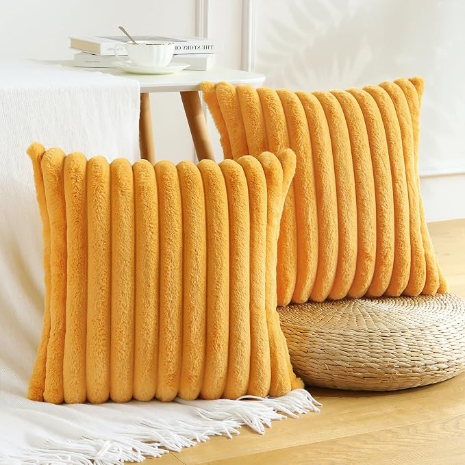 Soleebee Set of 2 Throw Pillow Covers Soft Cozy Velvet Pillowcase Faux Rabbit Fur Cover for Couch Sofa Bed Chair Home Decorative Pillows Cover (24x24 Inch, Mustard Yellow)