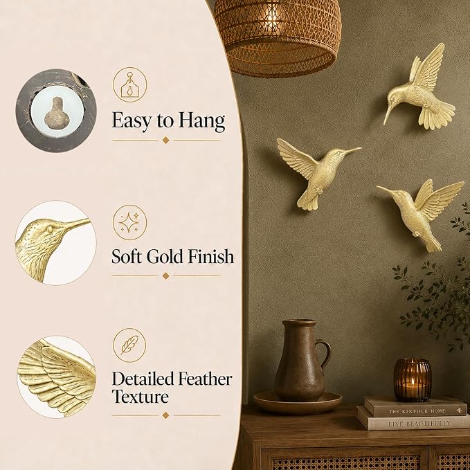 GUSFREUD 3D Hummingbird Wall Decor Set - Gold Resin Bird Wall Decor for Living Room, Bedroom and Gallery Walls - Champagne Gold - Set of 3