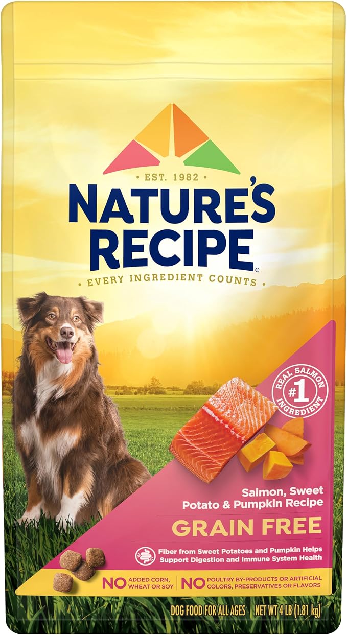 Nature's Recipe Grain Free Easy to Digest Salmon, Sweet Potato and Pumpkin Recipe Dry Dog Food, 4-Pound | Fiber From Sweet Potatoes & Pumpkin Helps Support Digestion and Immune System Health