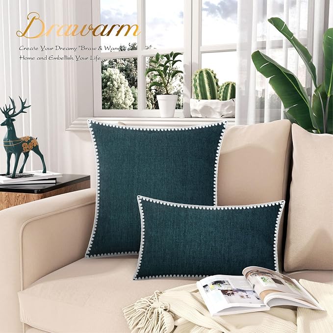 BRAWARM Chenille Throw Pillow Covers 20x20 Inches, Deep Lagoon, 2 Pack | Decorative Pillow Covers with Shell Edge, Soft Cushion Cases for Sofa Bed Living Room Home Farmhouse (No Insert)