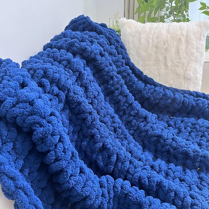 Soft Chunky Knit Throw Blanket for Couch, Cozy Warm Knitted Blankets | Hand Knit with Jumbo Chenille, Lightweight Warm Fluffy Decor for Women, Mom, Her & Girls, Sofa, Chair, Bed,40"×40"(Navy Blue)