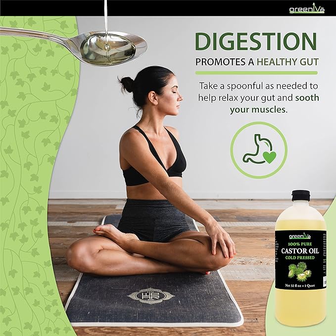 GreenIVe 100% Pure Castor Oil – Cold-Pressed, Hexane-Free – Hair, Eyebrows, Eyelashes, Skin Moisturizer, Castor Pack Wrap Oil Bulk Bottle (32 Fl oz)
