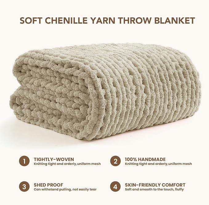 L'AGRATY Chunky Knit Throw Blanket for Couch, 50 x 70 Inches, Light Linen | Handmade Chenille Crochet Blanket for Sofa Bed, Thick Cable Knitted Blankets for Room Home Decor, Birthday Gift for Women Mom
