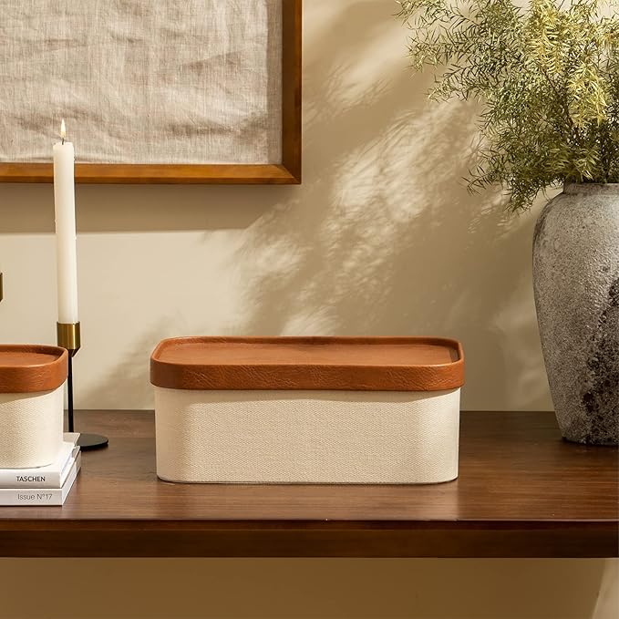 LA JOLIE MUSE Decorative Storage Boxes with Lids Faux Leather, Beige 3 Pack | Vegan Leather Lids, Fabric Covered Storage Basket, Organizer for Jewelry, Shelves, Bedroom & Closet Storage Memory Box