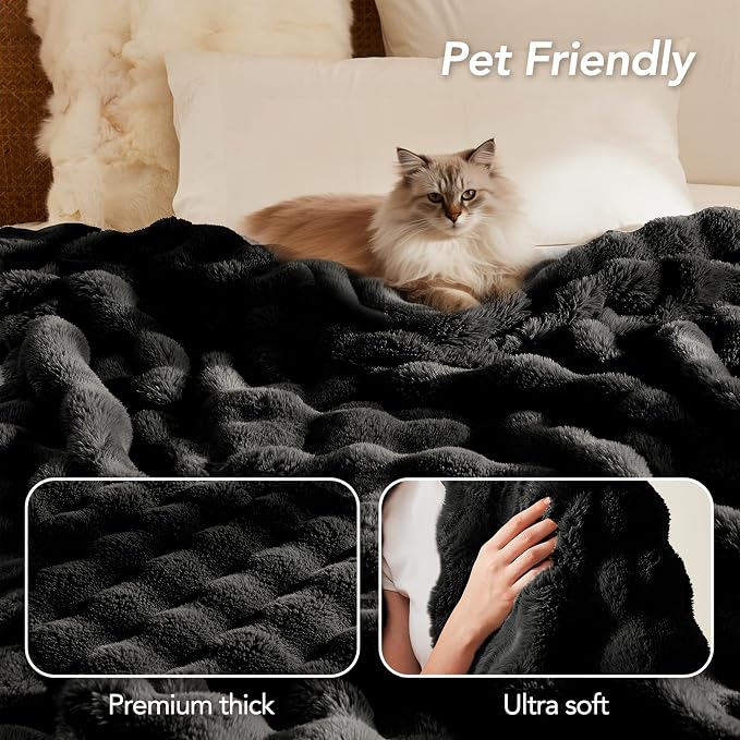 L'AGRATY Faux Rabbit Fur Throw Blanket for Couch, 60'' x 80'', Black | Soft Cozy Bubble Fluffy Blanket for Sofa Bed, Thick Warm Plush Fuzzy Throw for Room Home Decor, Luxury Gift for Women Mom