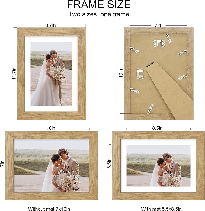 Hongkee 7x10 Picture Frame Set of 4, Made of Real Glass and Natural Oak Frame - Display 5.5 x 8.5 Diploma Frame with Mat or 7x10 Without Mat, 7 by 10 Photo for Wall or Tabletop