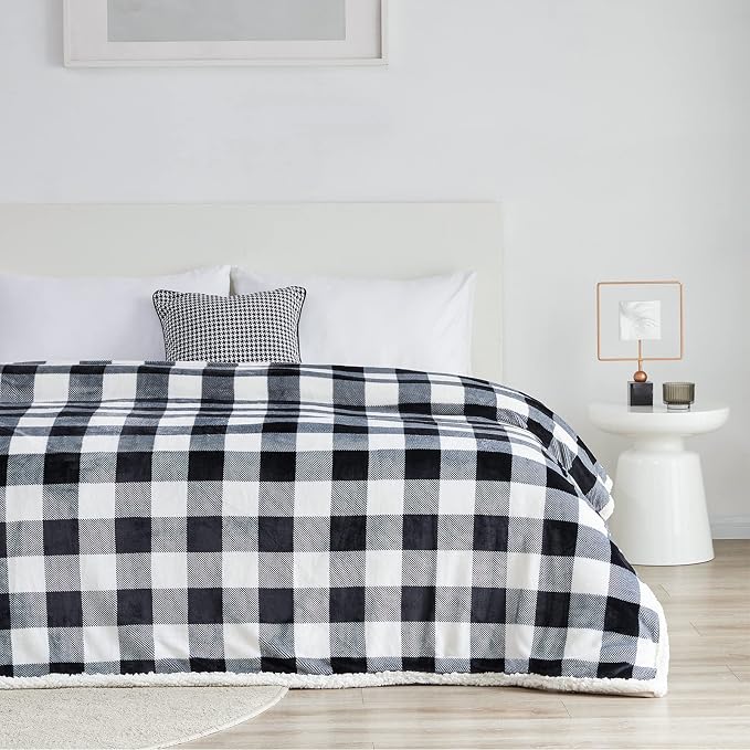 Sherpa Plaid Twin Blanket 60" X 70", Fuzzy Fluffy Soft Cozy Throw Blanket, Twin Size Plush Fleece Flannel Plush Microfiber Blanket for Couch Bed Sofa (Black)