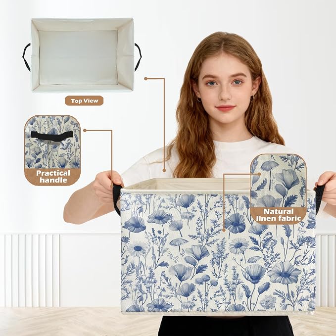 Blue and White Floral Storage Box Bins, Chinoiserie Flower Botanical Collapsible Storage Basket Organizer for Bedroom Laundry Room Home Clothes Books, Decor for Room