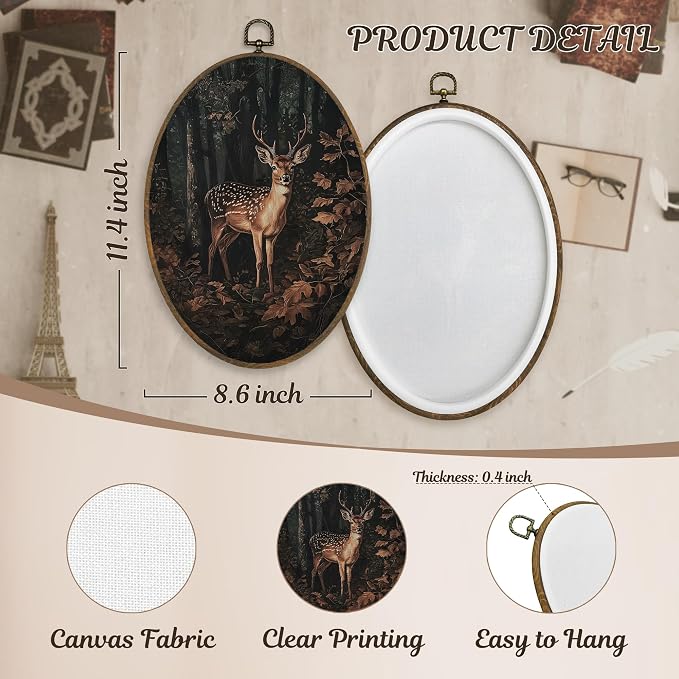 LKETW Vintage Nature Forest Deer Oval Wall Art Decor, Dark Academia Cottagecore Fall Forest Deer Oval Canvas Hanging Decor, Rustic Wild Animal Wall Decorations for Home Bedroom, 8.6x11.4 Inch