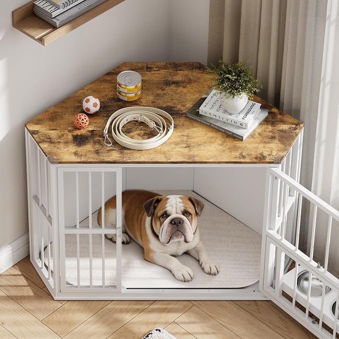 Corner Dog Crate Furniture for Small Dogs, Indoor Kennel End Table, White
