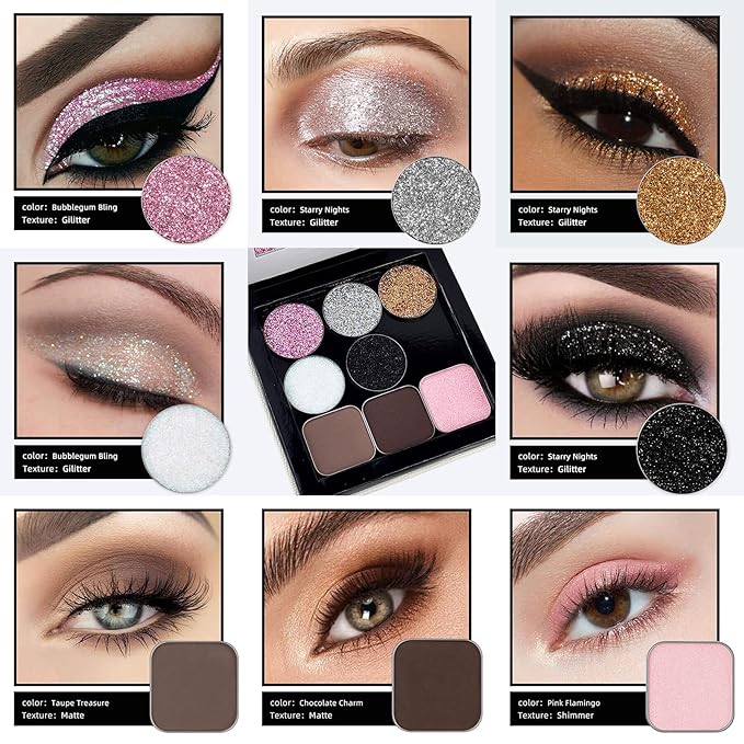 Magnetic 8-Color Mini Eyeshadow Palette with White Magnetic Case, 10 Round & 10 Square Magnetic Metal Stickers, and Short Color Mixing Stick
