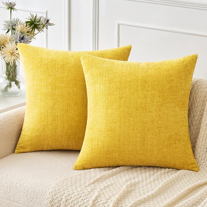 MIULEE Soft Chenille Throw Pillow Covers Yellow 18x18 Inch Pack of 2 | Modern Home Decor, Classic Decorative Pillows, Solid Dyed Cases, Boho Couch Cushion Covers for Sofa Bed Living Room