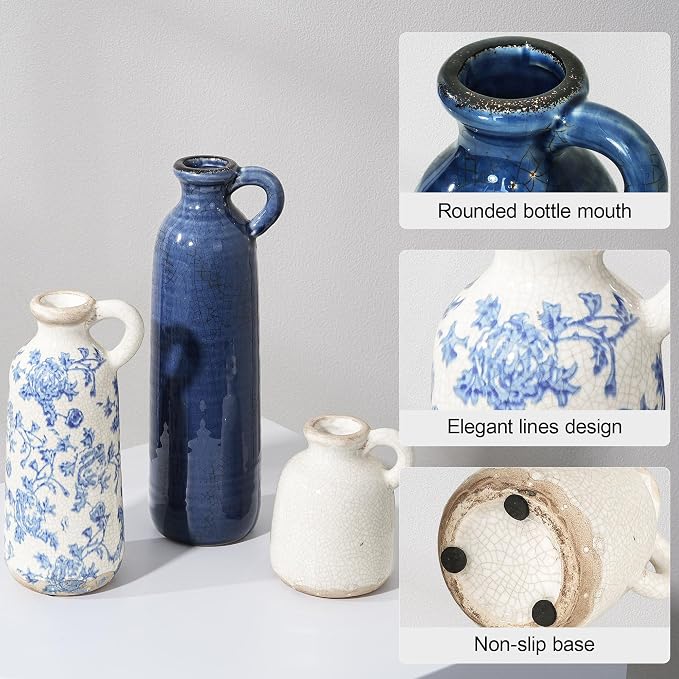 Ceramic Vase Set, 3Pcs Flower Vases for Modern Boho Farmhouse Decor, Decorative Vases for Pampas Grass & Dried Flowers, Distressed Finish