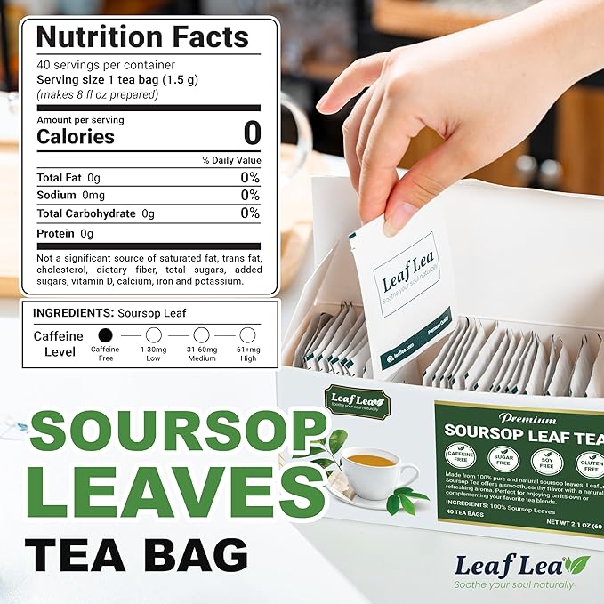 LeafLea Soursop Leaf Tea Bags, From Soursop Graviola Leaves, 240 Count | 100% Dried Soursop Leaves, Hoja Guanabana, Smooth And Earthy Flavor, Digestion Support, No Caffeine, Sugar-Free