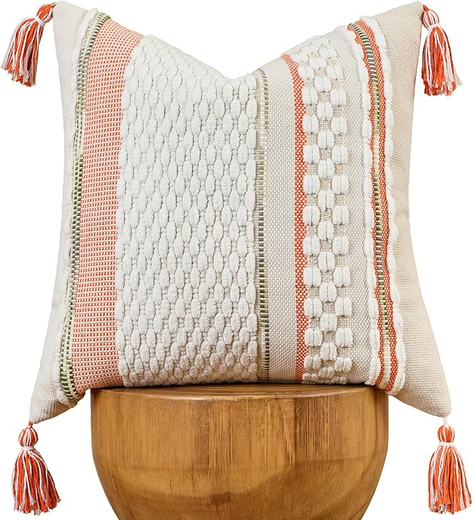 Chenille Striped Textured Boho Throw Pillow Covers Aesthetic with Tassels Woven Decorative Pillow Case for Couch Bed Sofa Bedroom Modern Funky 18 x 18-Inch White Orange
