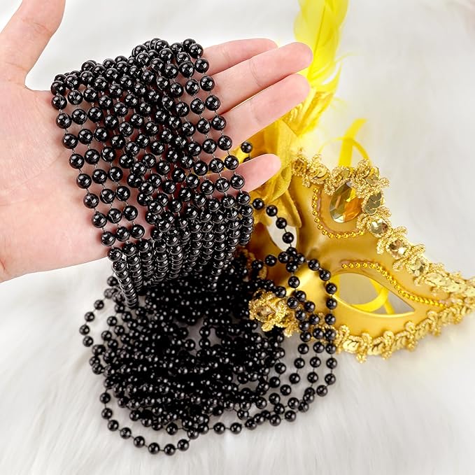 SHAOQINLIN 12 PCS Black Bead Necklace, Black Mardi Gras Beads, New Year Eve Necklaces, 33 Inch Round Halloween Necklace Party Beads for Mardi Gras, Christmas, Halloween, New Year Party Favors