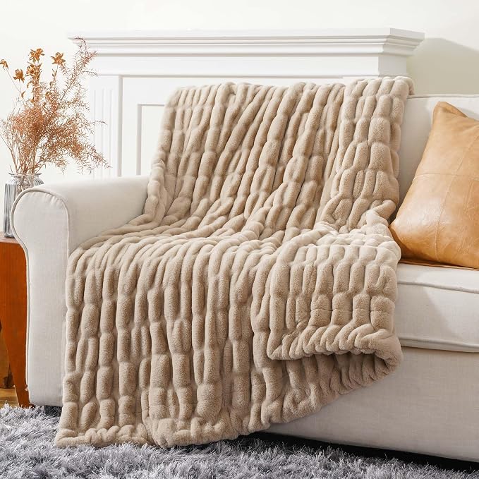 BATTILO Soft Faux Fur Throw Blanket for Couch, Double Side, 60"x80", Beige | Luxury Minky Couture Blanket, Beige Throw Blanket, Premium Silky Cozy Soft Fluffy Faux Fur Blanket For Bed, Sofa Living Room