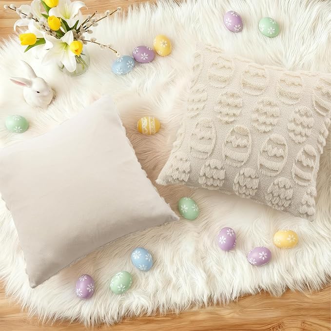 decorUhome Beige Faux Fur Egg Throw Pillow Covers 20x20 Set of 2 | Plush Soft Wool Jacquard Beige Cushion Covers, Modern Farmhouse Neutral Easter Holiday Decor Pillow Covers for Couch Sofa Bed