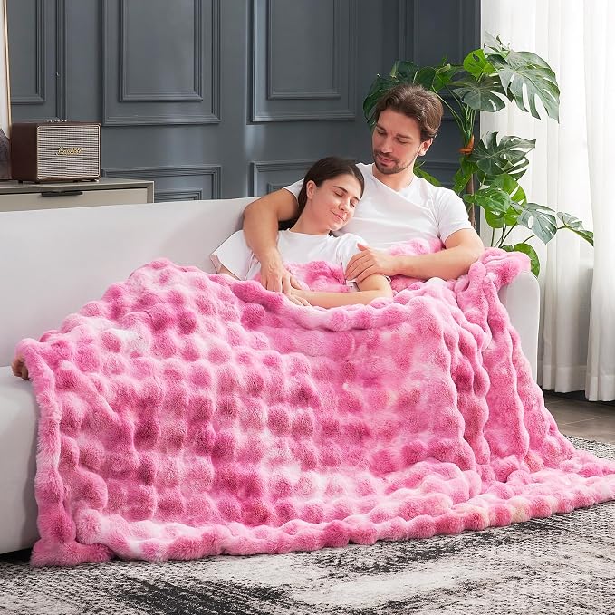 Cozy Bliss Faux Fur Throw Blanket for Couch, Fuzzy Soft Plush Thick Bubble Blanket for Sofa Bedroom Living Room, 60 * 80 Inches Tie Dye Pink