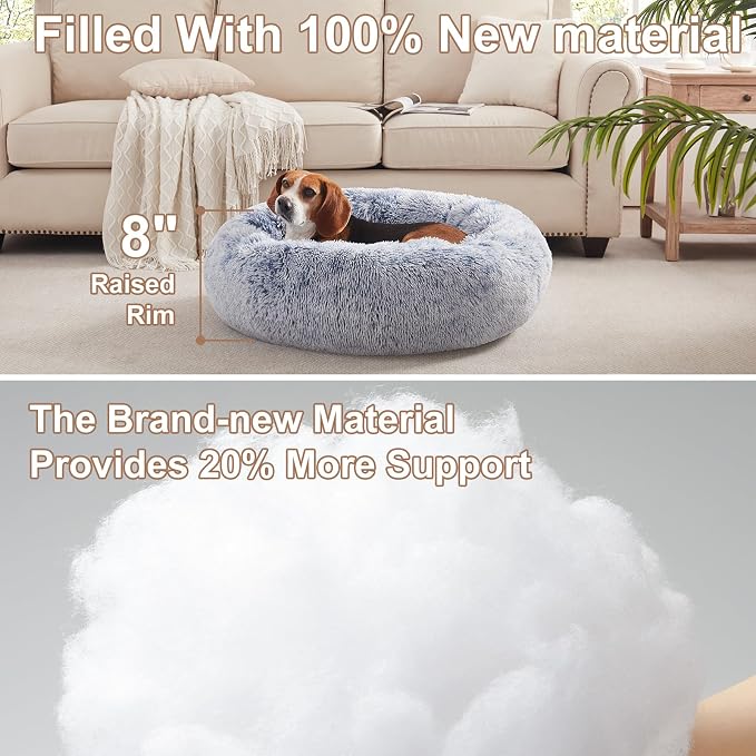 33 in Faux Fur Fluffy Donut Dog Bed for Medium Plus Dogs,Dark Blue | Calming Plush Round Pet Bed with Removable & Washable Cover,Fits up to 65 lbs Pets