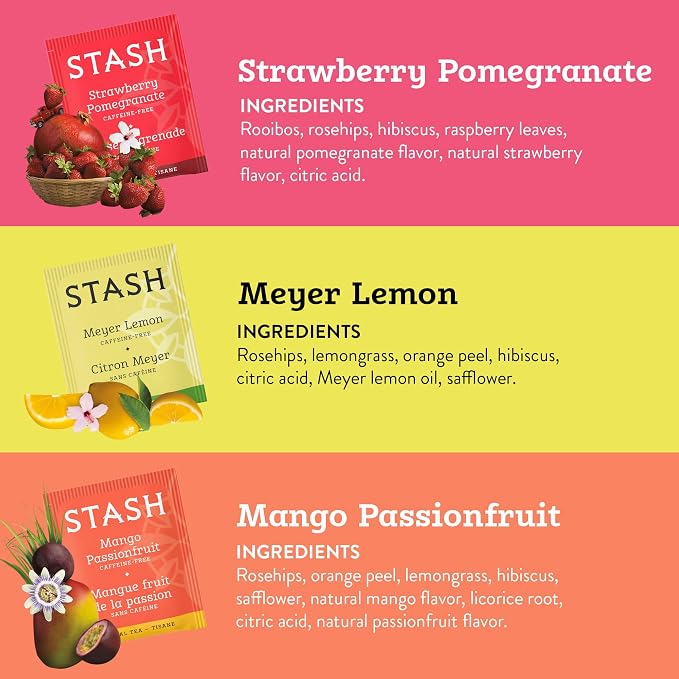 Stash Tea Fruity Herbal Tea 6 Flavor Tea Sampler, 6 boxes With 18-20 Tea Bags Each