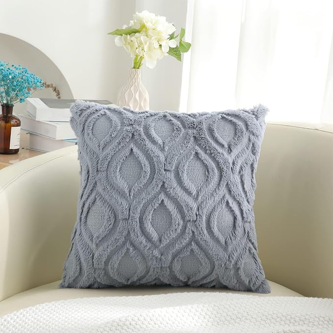 decorUhome Faux Fur Plush Soft Blue Grey Throw Pillow Covers 20x20 Set of 2 | Wool Solid Fall Couch Pillow Covers, Accent Modern Farmhouse Neutral Decorative Square Pillow Cases for Sofa Bed Living Room
