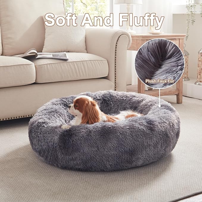 30 in Faux Fur Fluffy Donut Dog Bed for Medium Dogs,Tie-dye Grey | Calming Plush Round Pet Bed with Removable & Washable Cover,Fits up to 45 lbs Pets