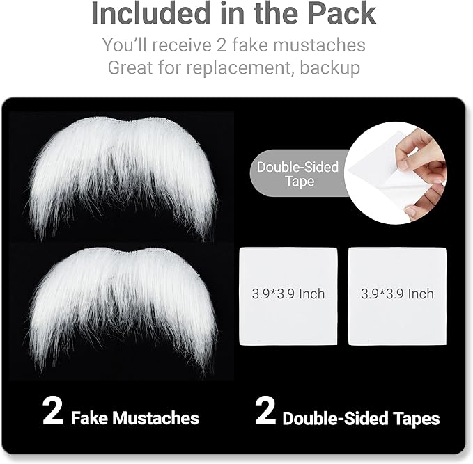 2Pcs Men Fake Mustache Realistic Mustaches Fake Facial Hair Beard for Cosplay Costume Halloween Parties