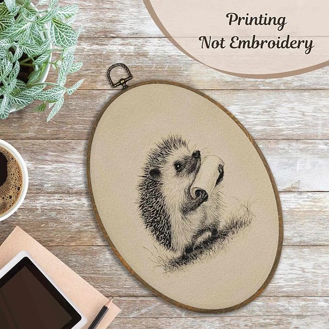 LKETW Funny Hedgehog Bathroom Oval Wall Art Decor, Farmhouse Bathroom Oval Canvas Hanging Decor, Whimsical Sketch Hedgehog Holding Toilet Paper Wall Decorations for Washroom Restroom, 8.6x11.4 Inch