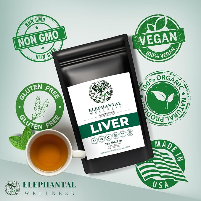 Elephantal Wellness Liver Herbal Tea – Supports Liver Detox, Repair & Resilience | Milk Thistle, Artichoke Leaf, Dandelion Root & Burdock | Caffeine-Free Loose Leaf Herbal Tea – 2oz, 20 Servings