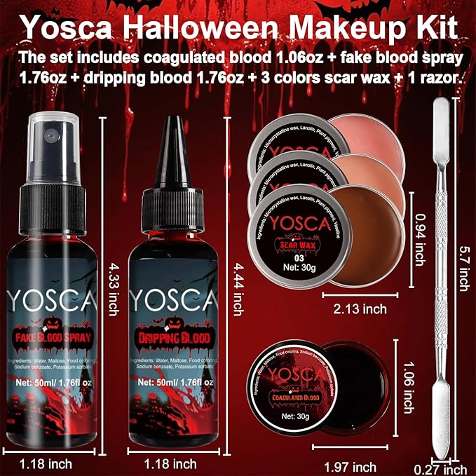 Yosca 6Pcs Halloween Fake Blood Makeup Kit, Realistic Washable Fake Blood Spray, Dripping, Coagulated, Scar Wax for Halloween Face Red Body Paint, Clown Vampire Monster Zombie Scar Makeup Kit