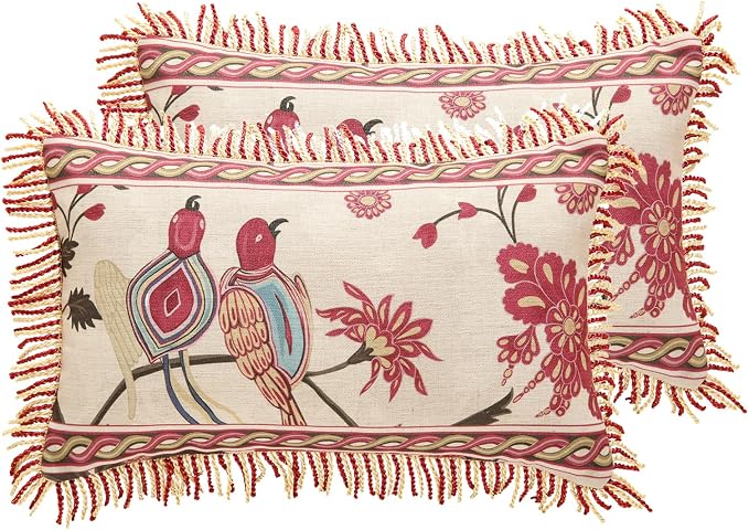 patdrea Vintage Linen Throw Pillow Cover,12"x20",Set of 2-Schumacher E | Elegant French Decorative Pillow Case,Bird Pattern with Fringe Trim,Cushion Coverfor Couch Living Room Bedroom Sofa